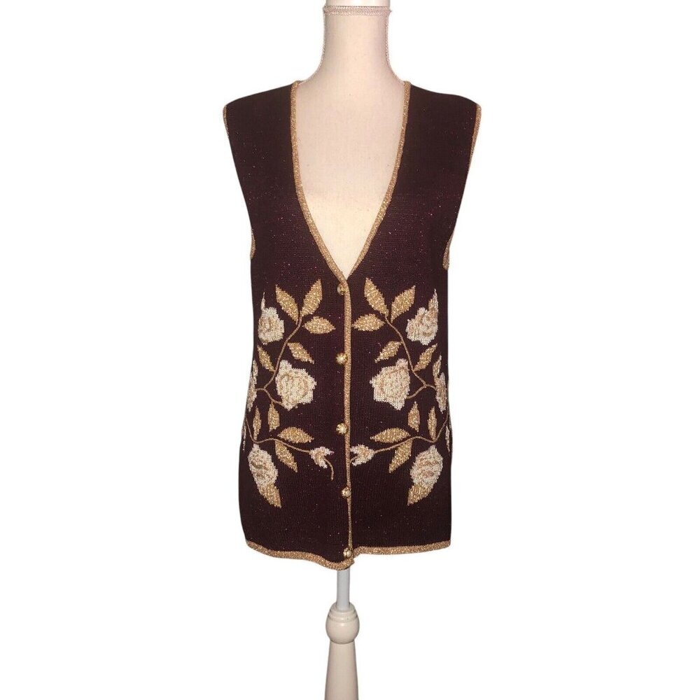 JACLYN SMITH Sz S Womens Wine Metallic White Gold Pearl Embellished Sweater Vest
